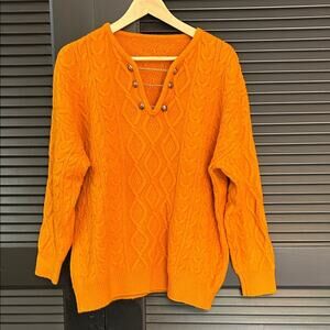 Turmeric Orange Mixed Cable Knit Sweater with Button and Chain Details, Size Med